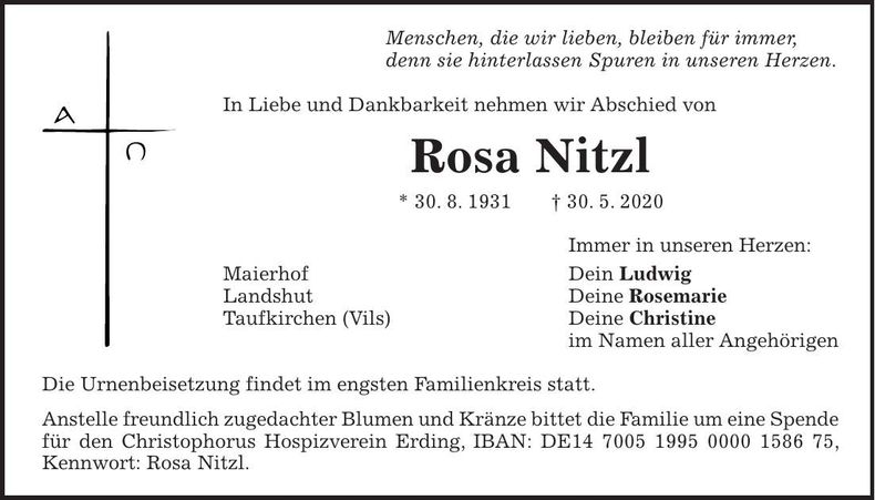 Traueranzeige Rosa Nitzl
