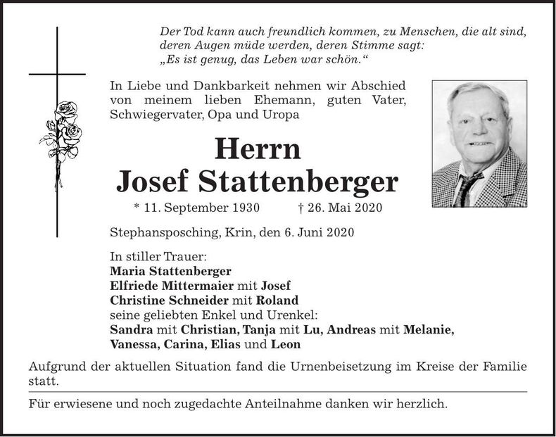 Traueranzeige Josef Stattenberger