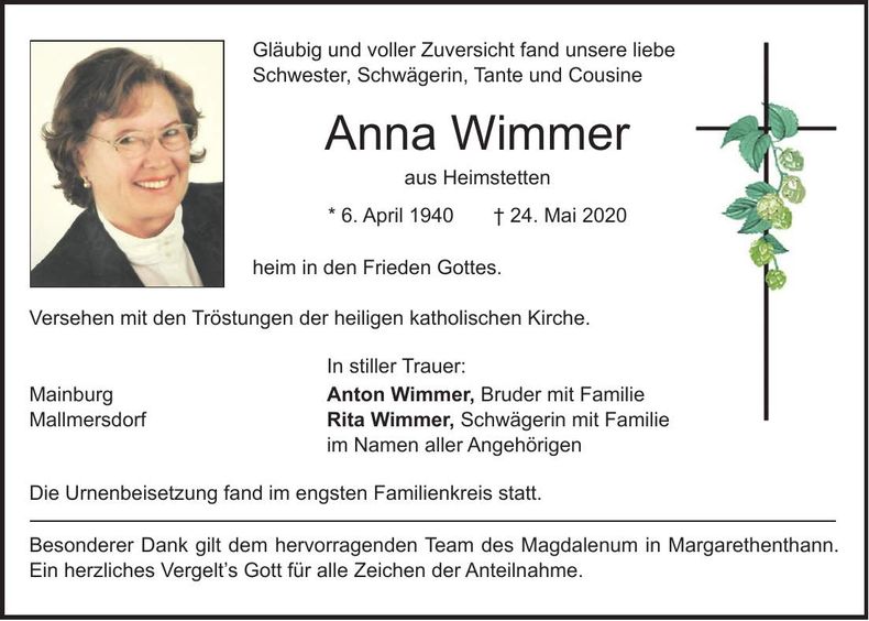 Traueranzeige Anna Wimmer