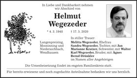 Traueranzeige Helmut Wegezeder