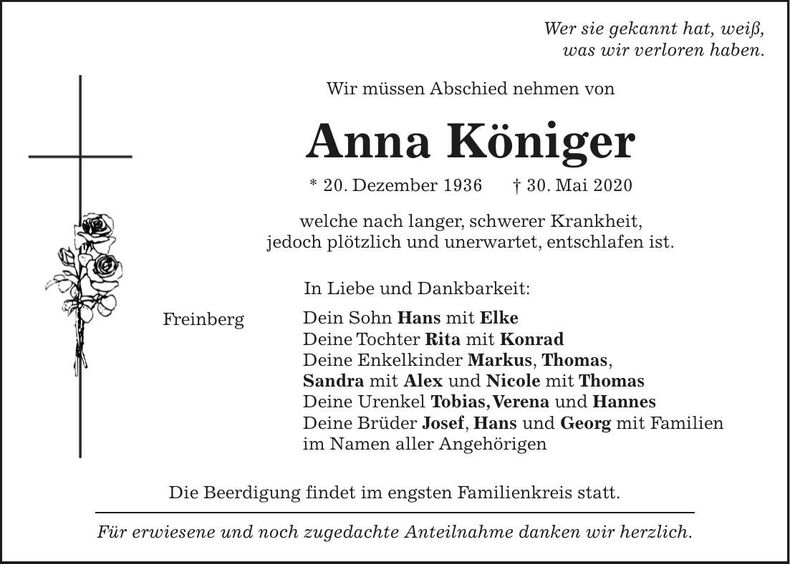 Traueranzeige Anna Königer