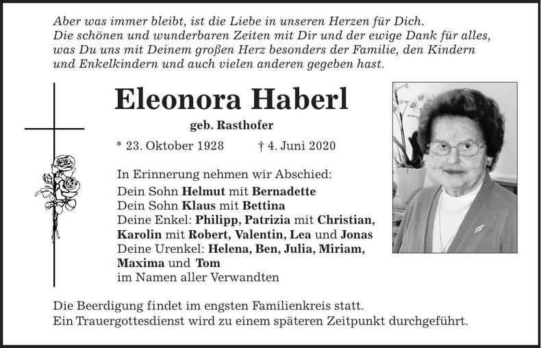 Traueranzeige Eleonora Haberl