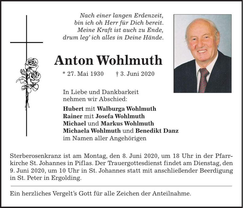 Traueranzeige Anton Wohlmuth