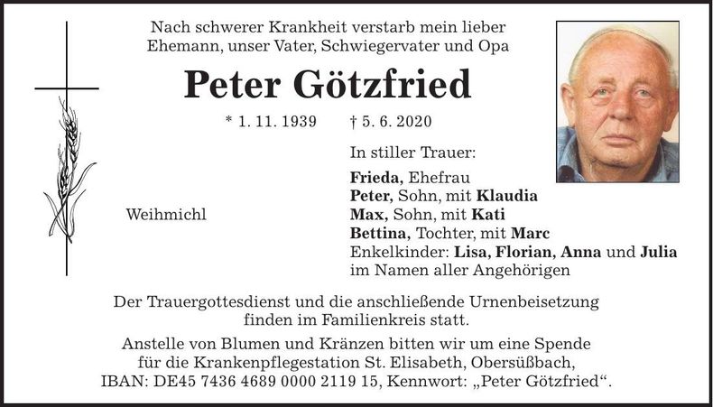 Traueranzeige Peter Götzfried