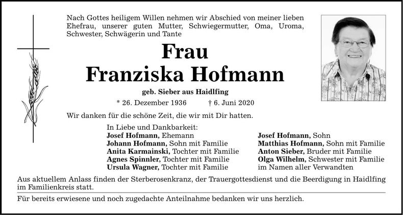 Traueranzeige Franziska Hofmann