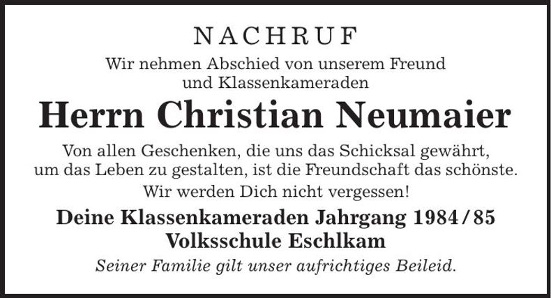 Traueranzeige Christian Neumaier