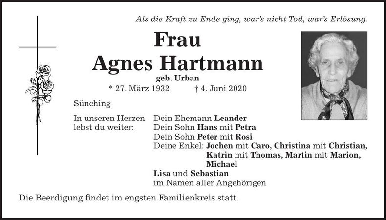 Traueranzeige Agnes Hartmann
