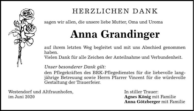 Traueranzeige Anna Grandinger