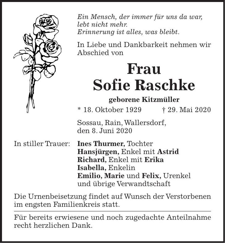 Traueranzeige Sofie Raschke