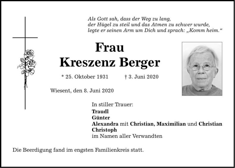 Traueranzeige Kreszenz Berger