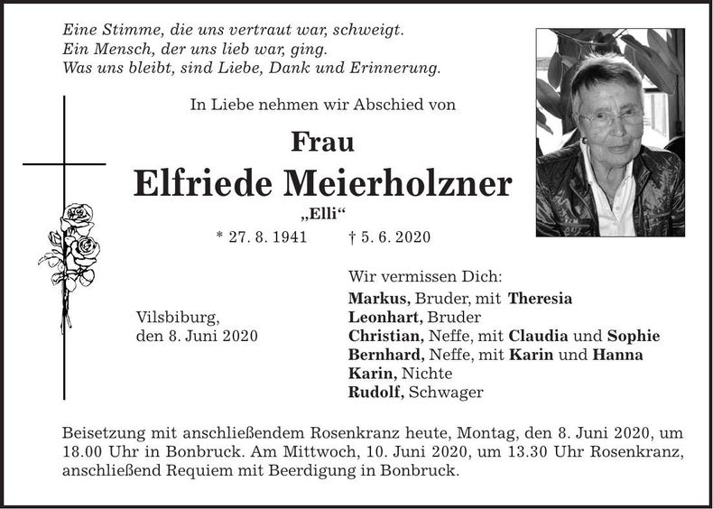Traueranzeige Elfriede Meierholzner