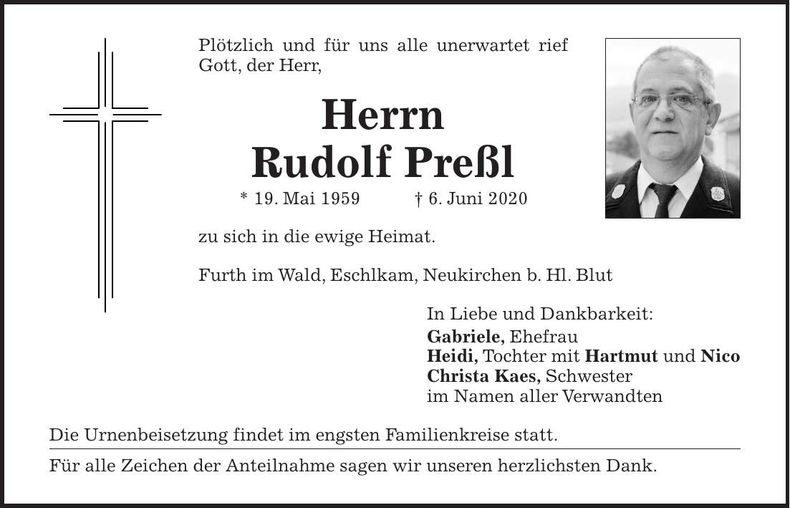 Traueranzeige Rudolf Preßl