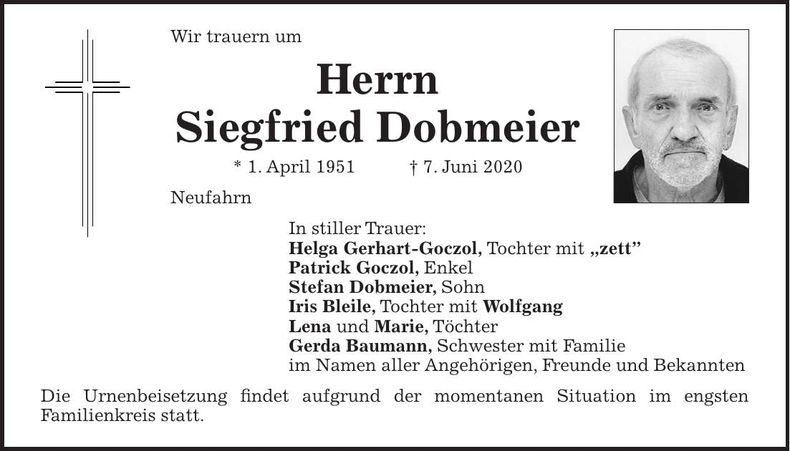 Traueranzeige Siegfried Dobmeier