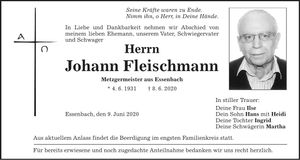 Traueranzeige Johann Fleischmann