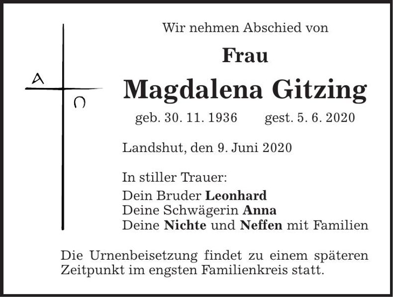 Traueranzeige Magdalena Gitzing