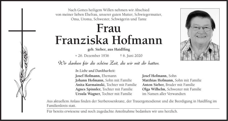 Traueranzeige Franziska Hofmann