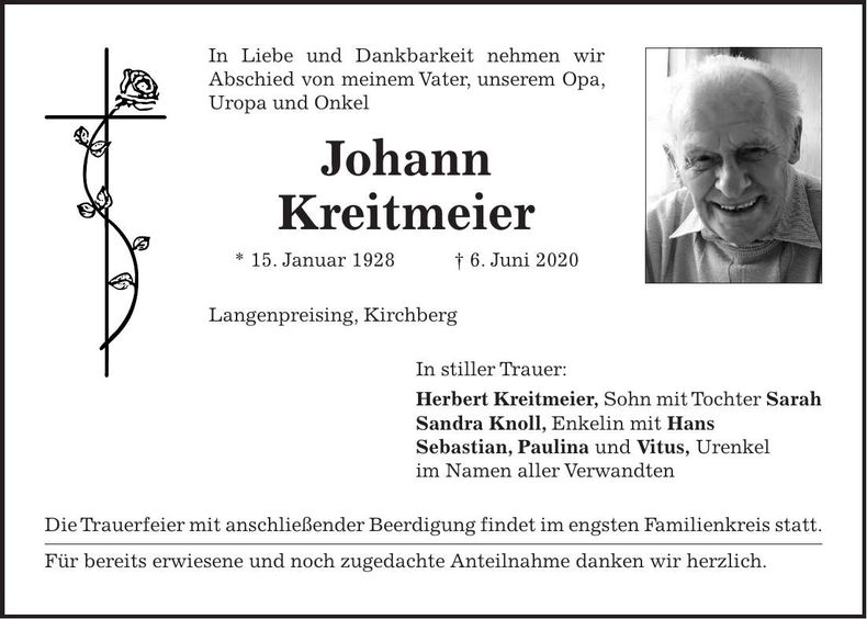 Traueranzeige Johann Kreitmeier