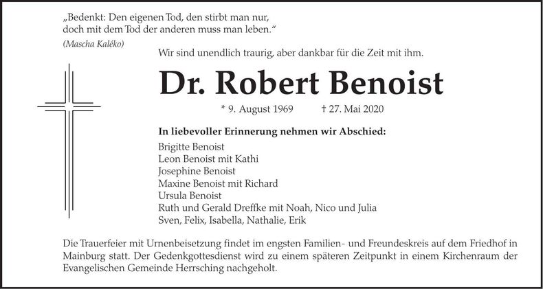Traueranzeige Dr. Robert Benoist
