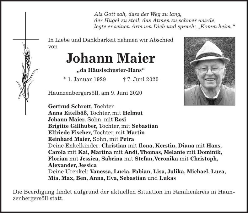 Traueranzeige Johann Maier