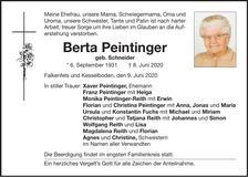Traueranzeige Berta Peintinger