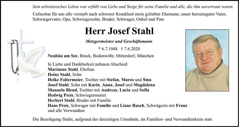 Traueranzeige Josef Stahl