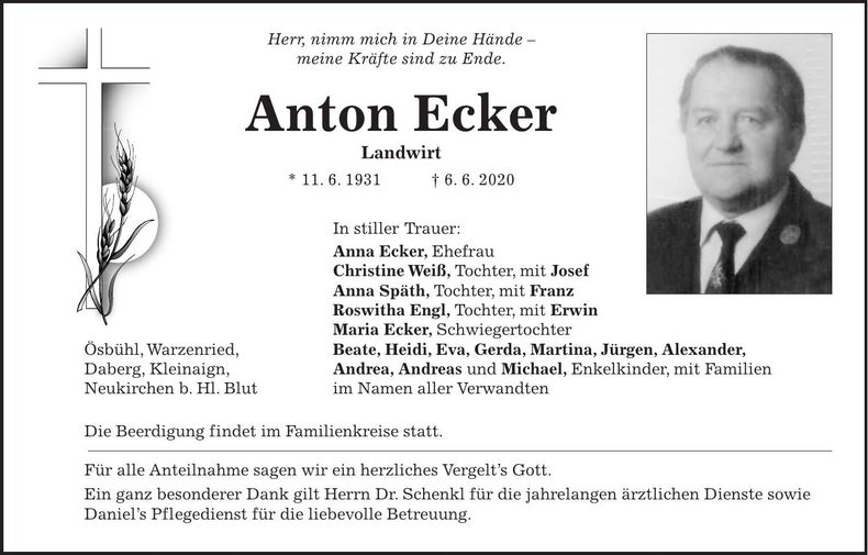 Traueranzeige Anton Ecker