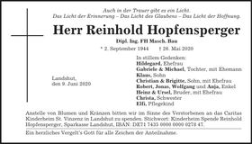 Traueranzeige Reinhold Hopfensperger