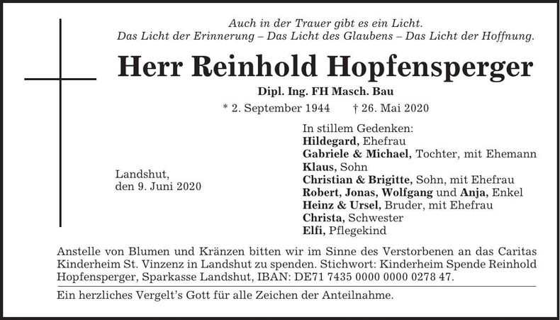 Traueranzeige Reinhold Hopfensperger