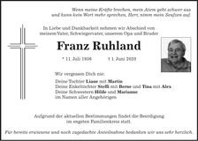 Traueranzeige Franz Ruhland