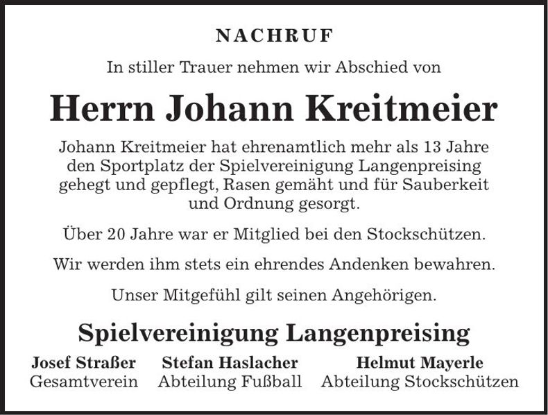 Traueranzeige Johann Kreitmeier