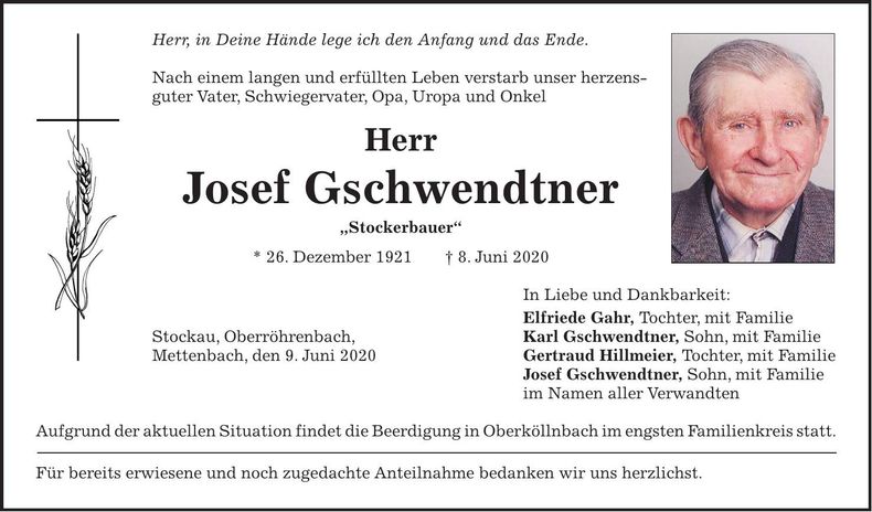 Traueranzeige Josef Gschwendtner