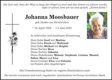 Traueranzeige Johanna Moosbauer
