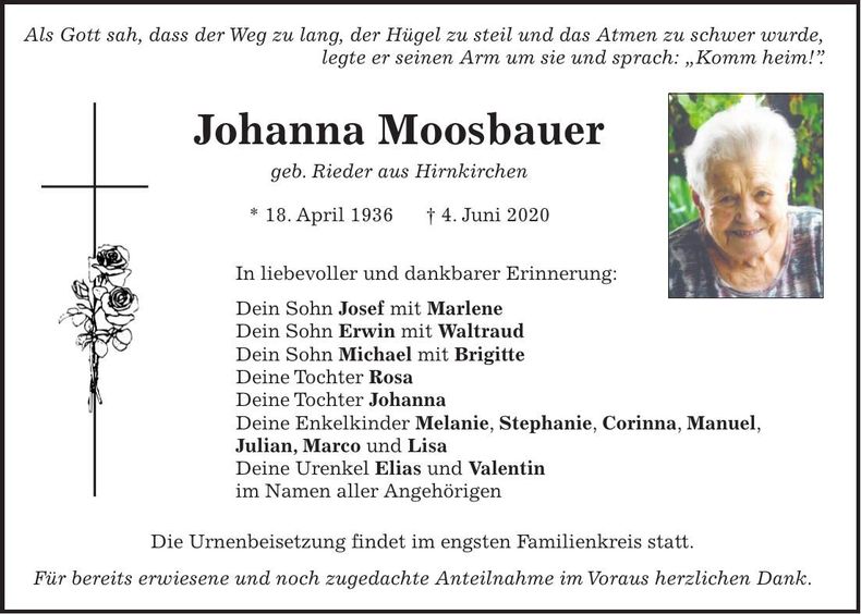 Traueranzeige Johanna Moosbauer