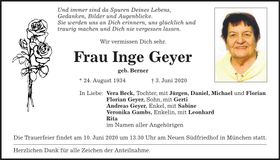 Traueranzeige Inge Geyer
