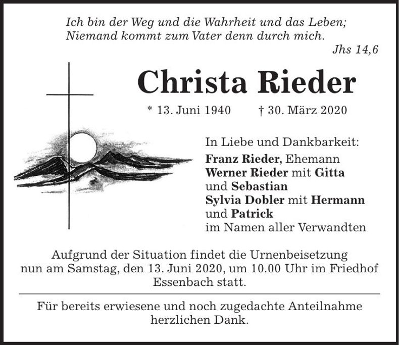 Traueranzeige Christa Rieder