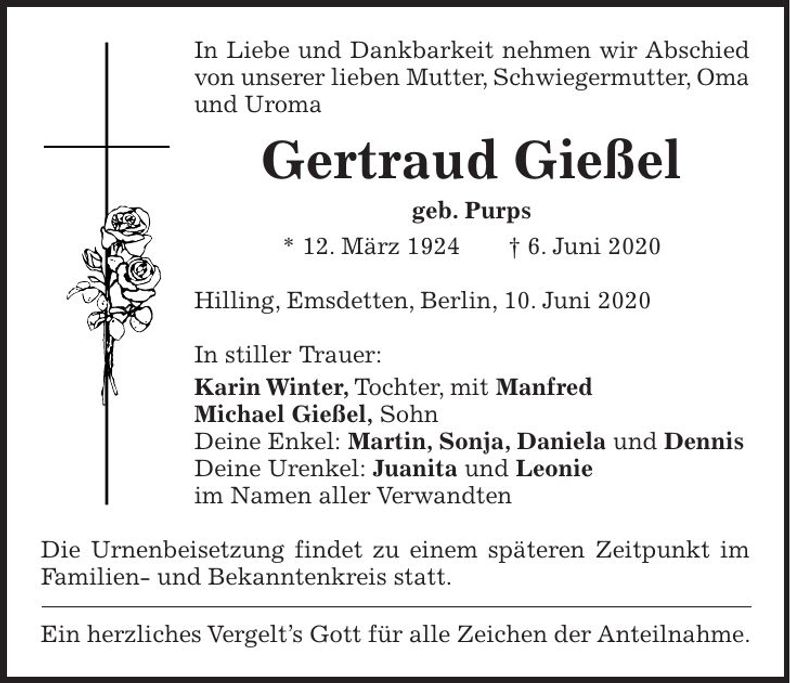 Traueranzeige Gertraud Gießel