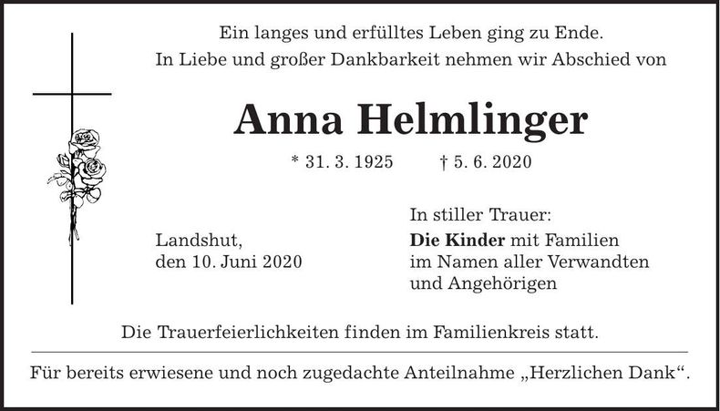 Traueranzeige Anna Helmlinger