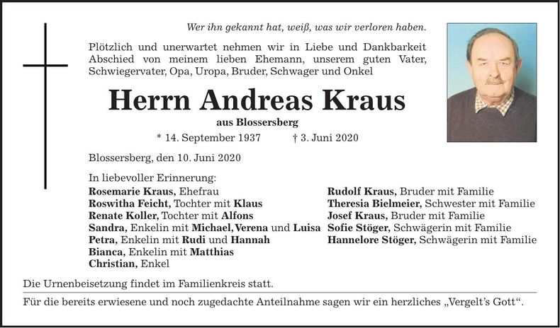 Traueranzeige Andreas Kraus