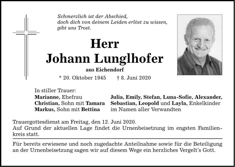 Traueranzeige Johann Lunglhofer