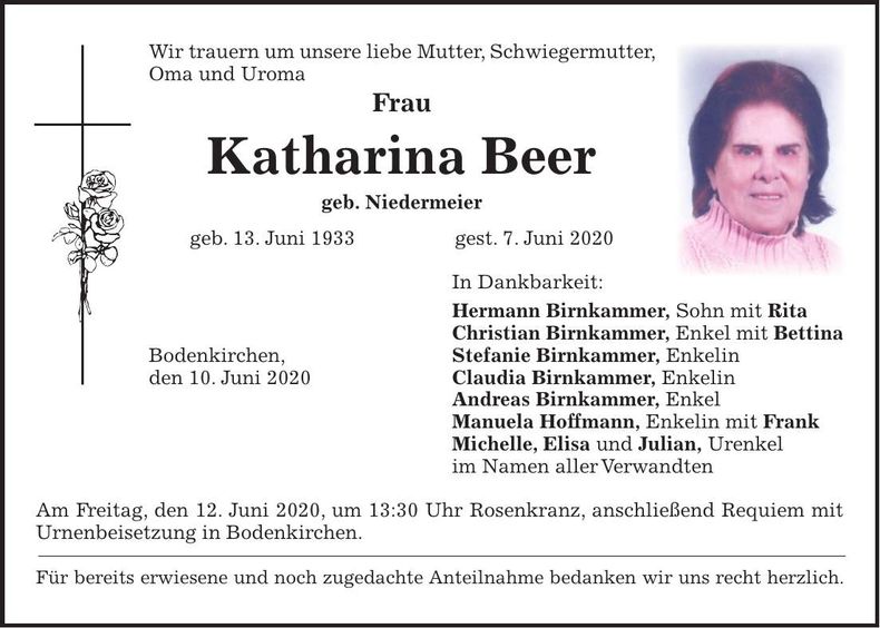 Traueranzeige Katharina Beer
