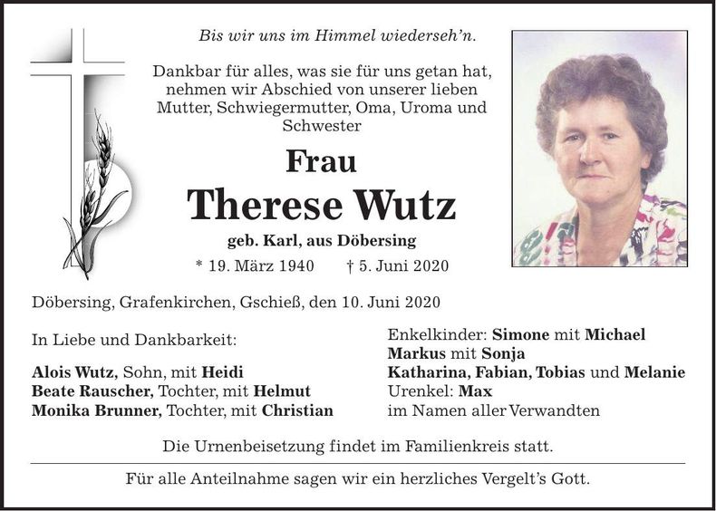 Traueranzeige Therese Wutz