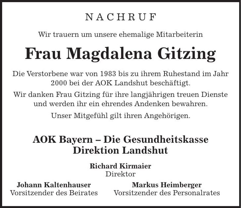 Traueranzeige Magdalena Gitzling