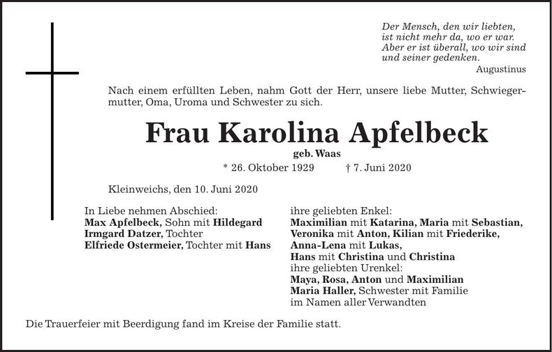 Traueranzeige Karolina Apfelbeck