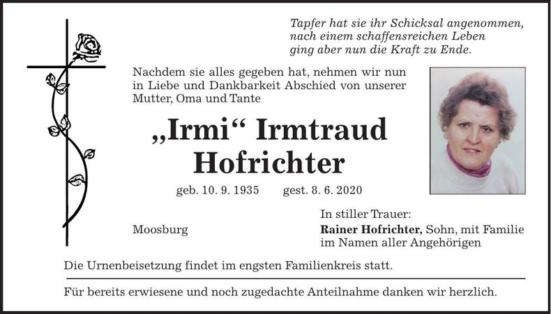 Traueranzeige Irmtraud Hofrichter