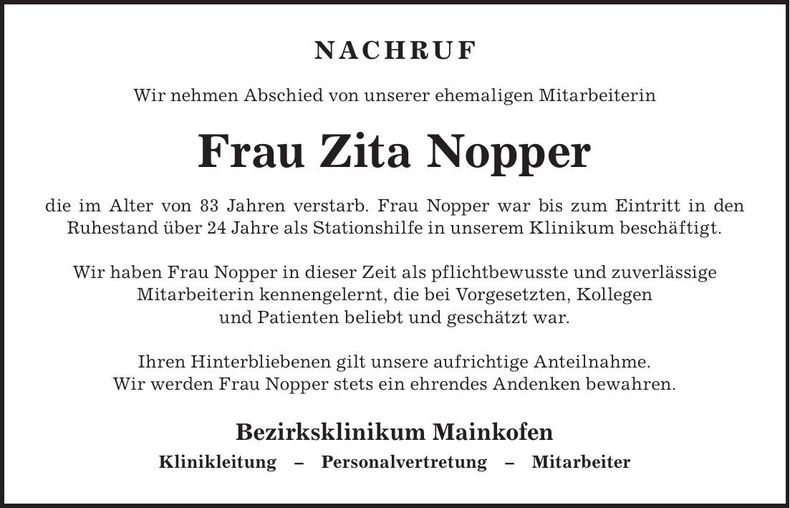 Traueranzeige Zita Nopper