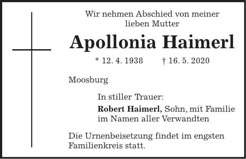 Traueranzeige Apollonia Haimerl