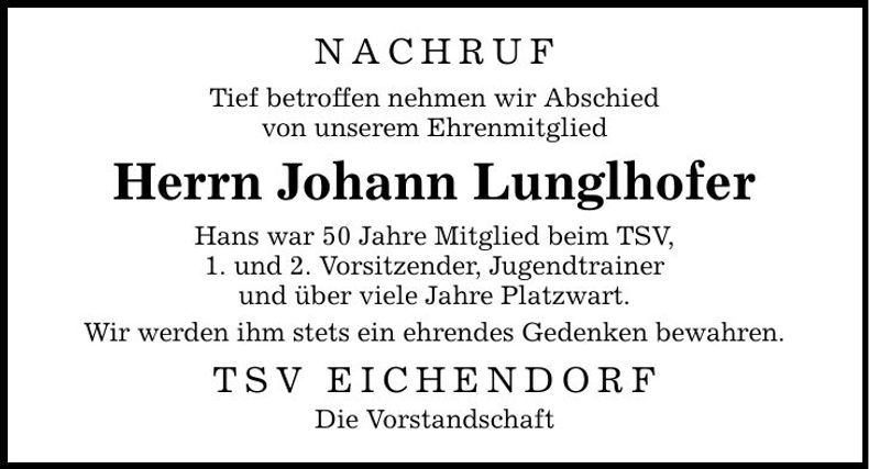 Traueranzeige Johann Lunglhofer
