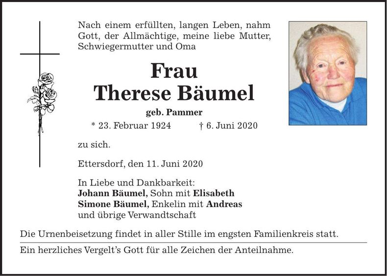 Traueranzeige Therese Bäumel
