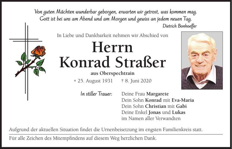 Traueranzeige Konrad Straßer