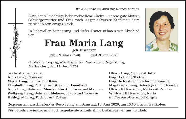 Traueranzeige Maria Lang
